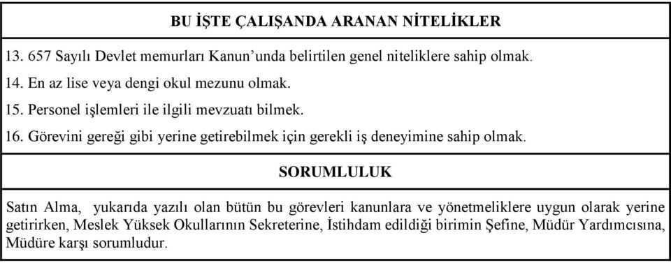 Görevini gereği gibi yerine getirebilmek için gerekli iş deneyimine sahip olmak.