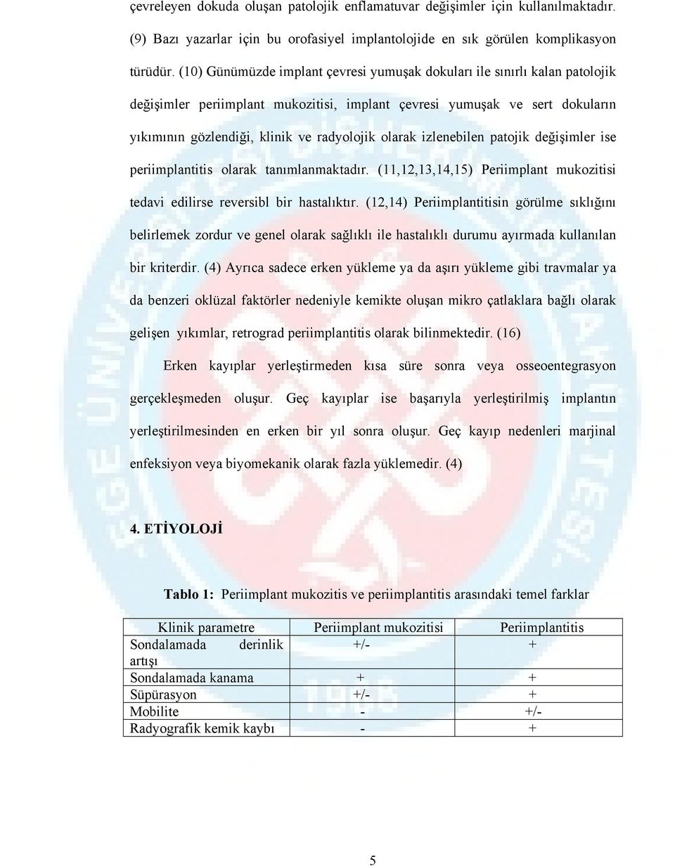 olarak izlenebilen patojik değişimler ise periimplantitis olarak tanımlanmaktadır. (11,12,13,14,15) Periimplant mukozitisi tedavi edilirse reversibl bir hastalıktır.