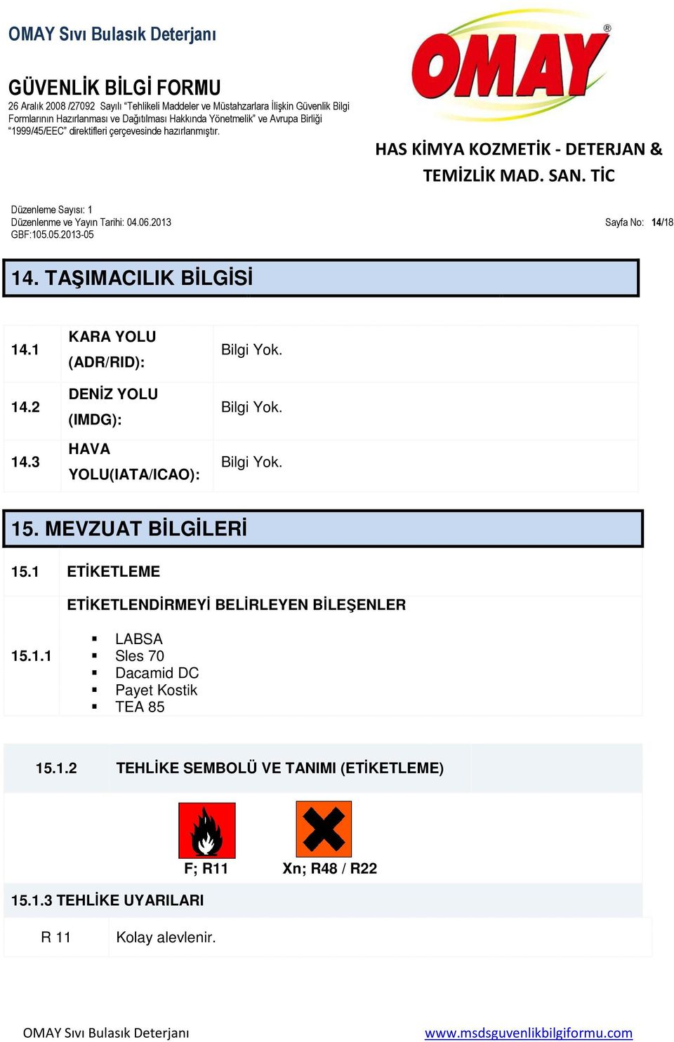 MEVZUAT BİLGİLERİ 15.1 ETİKETLEME ETİKETLENDİRMEYİ BELİRLEYEN BİLEŞENLER 15.1.1 LABSA Sles 70 Dacamid DC Payet Kostik TEA 85 15.