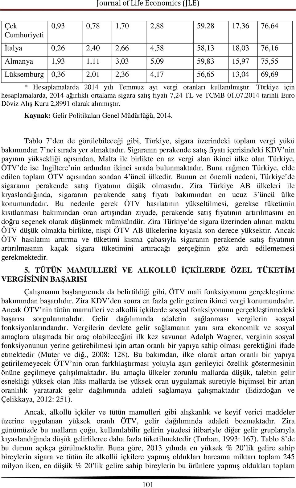 2014 tarihli Euro Döviz Alış Kuru 2,8991 olarak alınmıştır. Kaynak: Gelir Politikaları Genel Müdürlüğü, 2014.