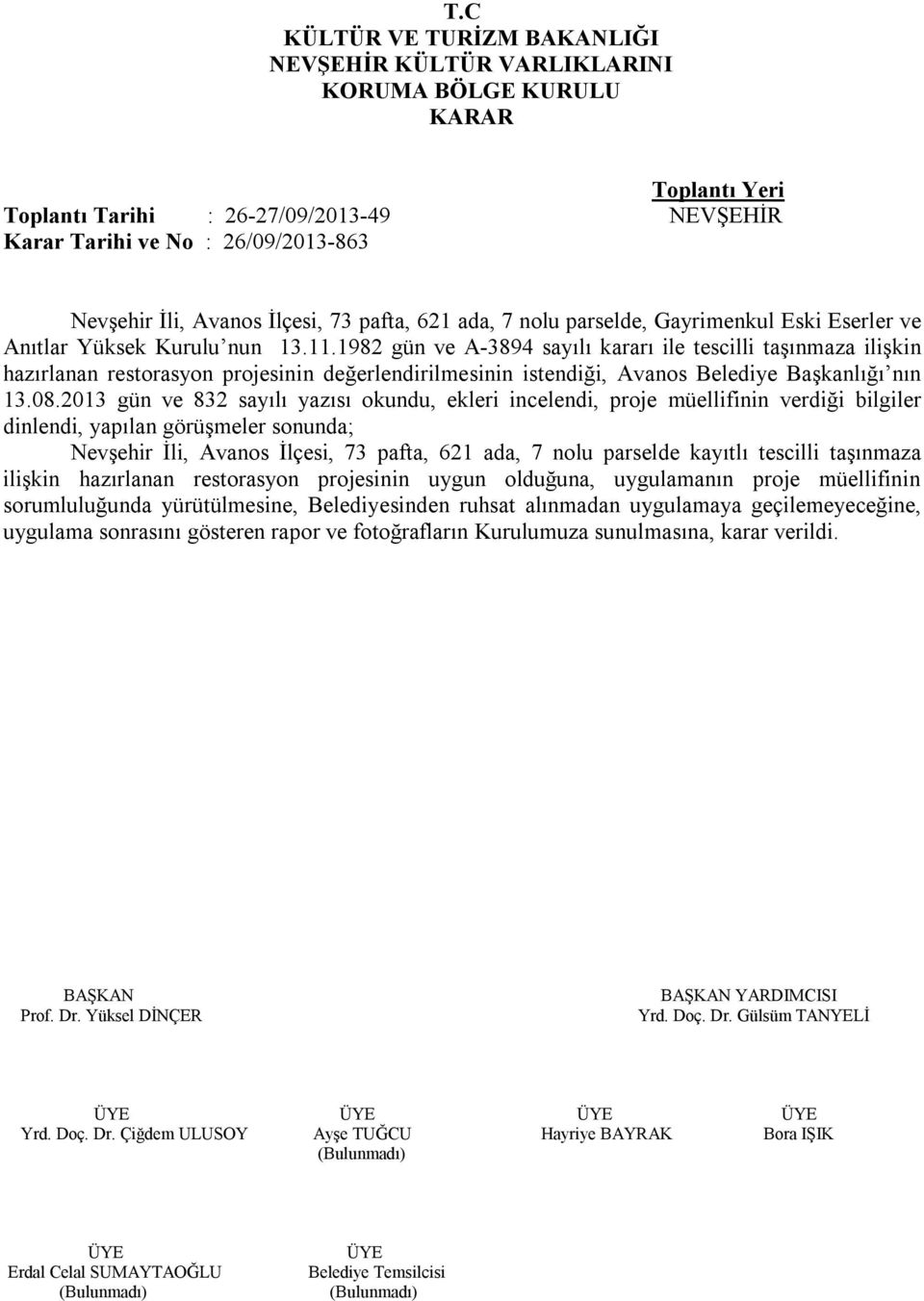 2013 gün ve 832 sayılı yazısı okundu, ekleri incelendi, proje müellifinin verdiği bilgiler dinlendi, yapılan görüşmeler sonunda; Nevşehir İli, Avanos İlçesi, 73 pafta, 621 ada, 7 nolu parselde