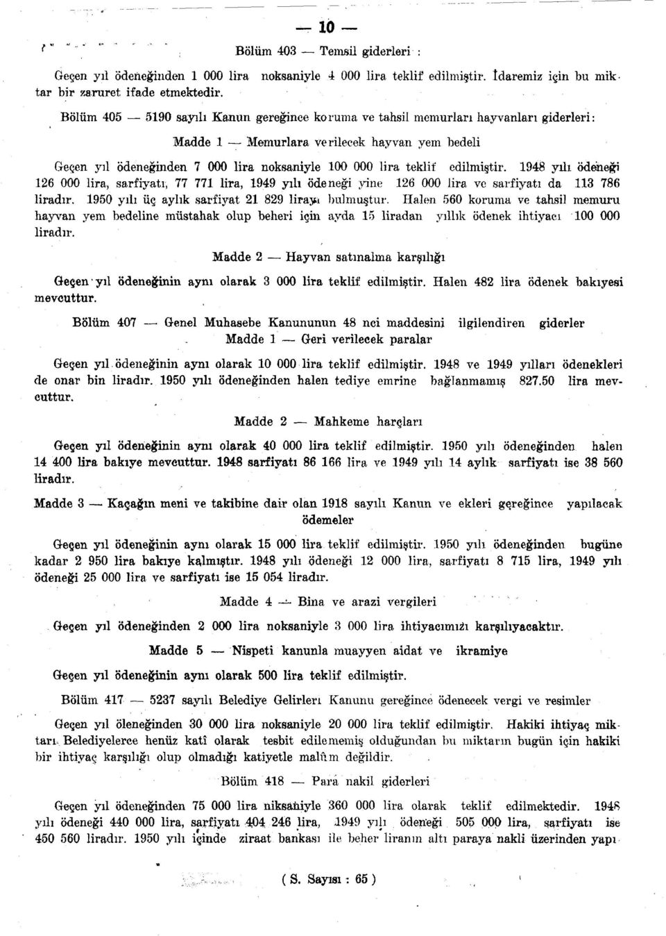 edilmiştir. 1948 yılı ödeneği 126 000 lira, sarfiyatı, 77 771 lira, 1949 yılı ödeneği yine 126 000 lira ve sarfiyatı da 113 786 liradır. 1950 yılı üç aylık sarfiyat 21 829 liraya bulmuştur.