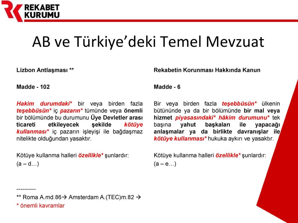 Bir veya birden fazla teşebbüsün* ülkenin bütününde ya da bir bölümünde bir mal veya hizmet piyasasındaki* hâkim durumunu* tek başına yahut başkaları ile yapacağı anlaşmalar ya da birlikte