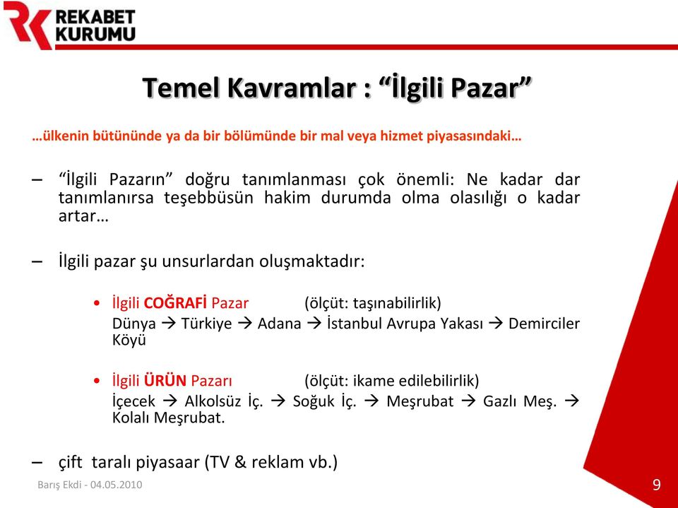 İlgili COĞRAFİ Pazar (ölçüt: taşınabilirlik) Dünya Türkiye Adana İstanbul Avrupa Yakası Demirciler Köyü İlgili ÜRÜN Pazarı (ölçüt: ikame