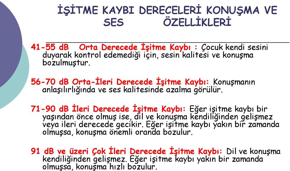 71-90 db Ġleri Derecede ĠĢitme Kaybı: Eğer işitme kaybı bir yaşından önce olmuş ise, dil ve konuşma kendiliğinden gelişmez veya ileri derecede gecikir.