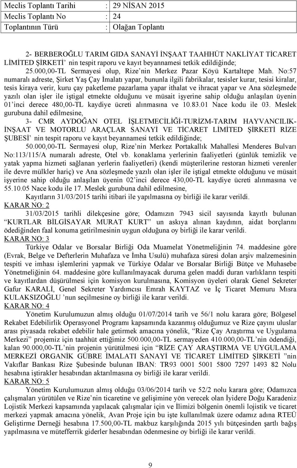 No:57 numaralı adreste, Şirket Yaş Çay İmalatı yapar, bununla ilgili fabrikalar, tesisler kurar, tesisi kiralar, tesis kiraya verir, kuru çay paketleme pazarlama yapar ithalat ve ihracat yapar ve Ana