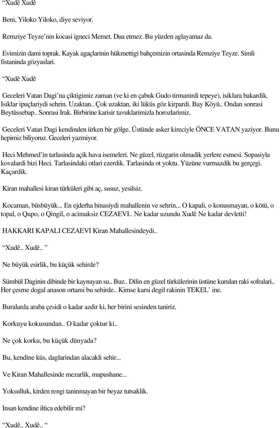 Xudê Xudê Geceleri Vatan Dagi na çiktigimiz zaman (ve ki en çabuk Gudo tirmanirdi tepeye), isiklara bakardik. Isiklar ipuçlariydi sehrin. Uzaktan.. Çok uzaktan, iki lüküs göz kirpardi. Bay Köyü.