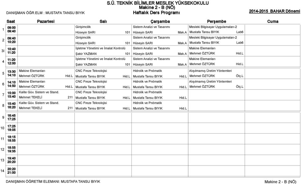 A Mustafa Tansu BIYIK Lab İşletme Yönetimi ve İmalat Kontrolü Sistem Analizi ve Tasarımı Makine Elemanları Şakir YAZMAN 0 Hüseyin SARI Mak.A Mehmet ÖZTÜRK Hid.
