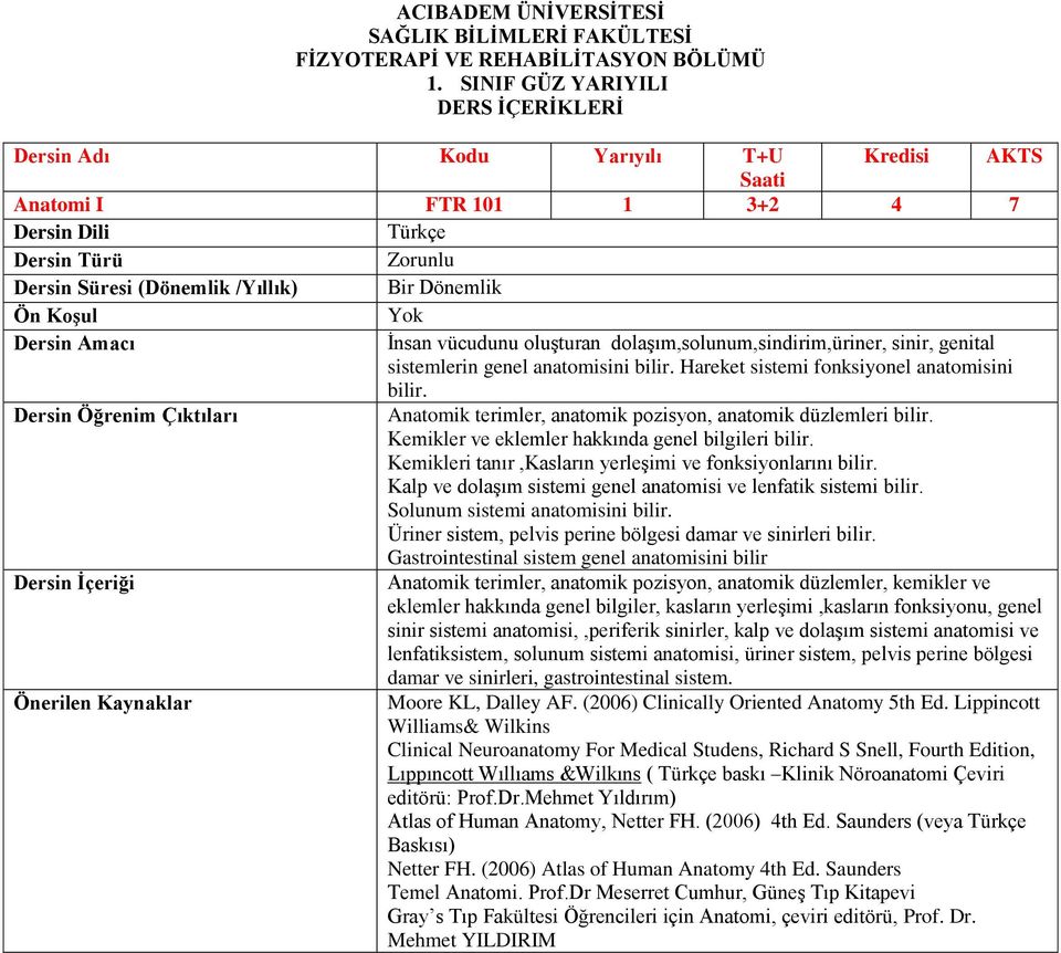 dolaşım,solunum,sindirim,üriner, sinir, genital sistemlerin genel anatomisini bilir. Hareket sistemi fonksiyonel anatomisini bilir. Anatomik terimler, anatomik pozisyon, anatomik düzlemleri bilir.