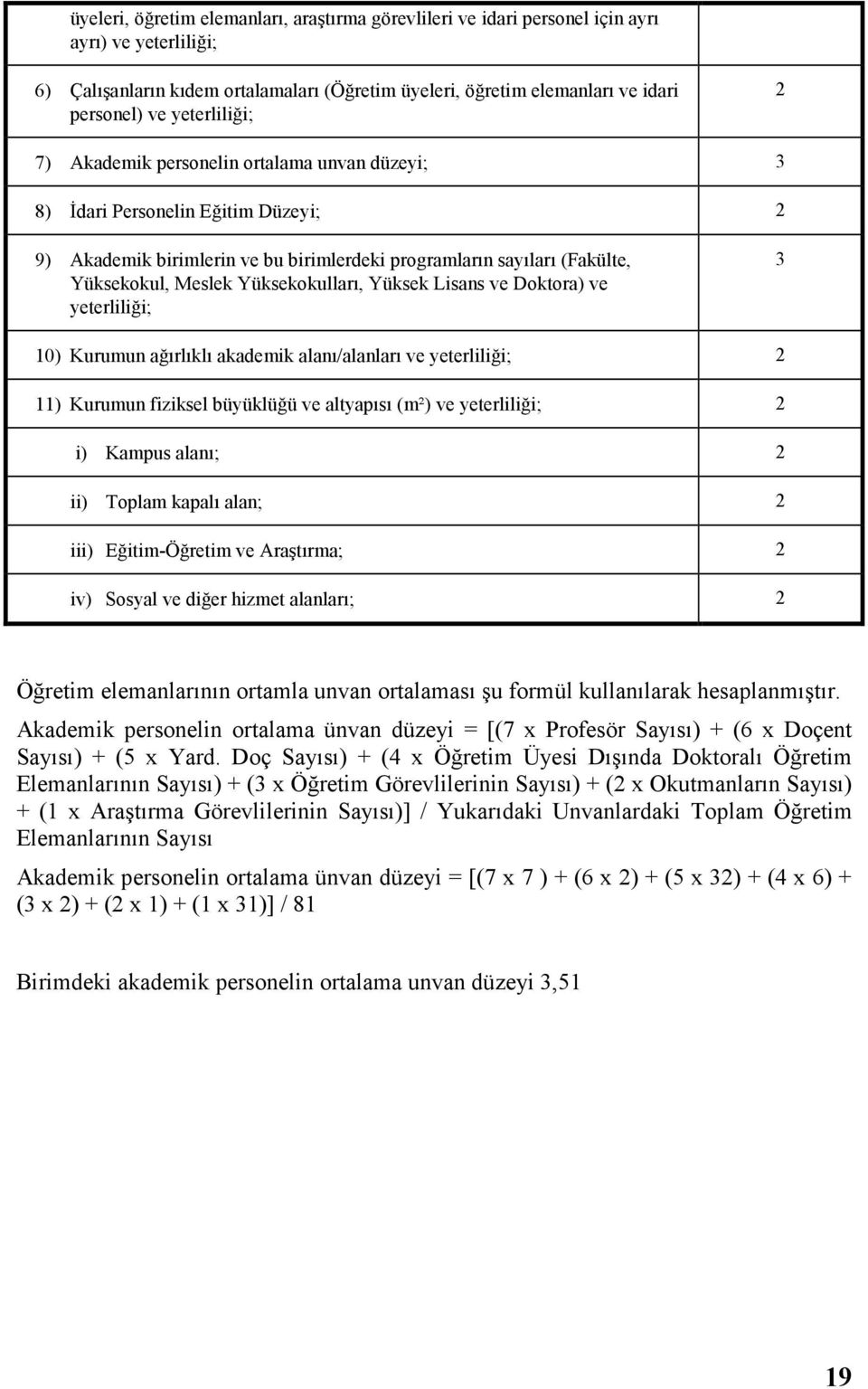 Yüksekokulları, Yüksek Lisans ve Doktora) ve yeterliliği; 3 10) Kurumun ağırlıklı akademik alanı/alanları ve yeterliliği; 2 11) Kurumun fiziksel büyüklüğü ve altyapısı (m²) ve yeterliliği; 2 i)