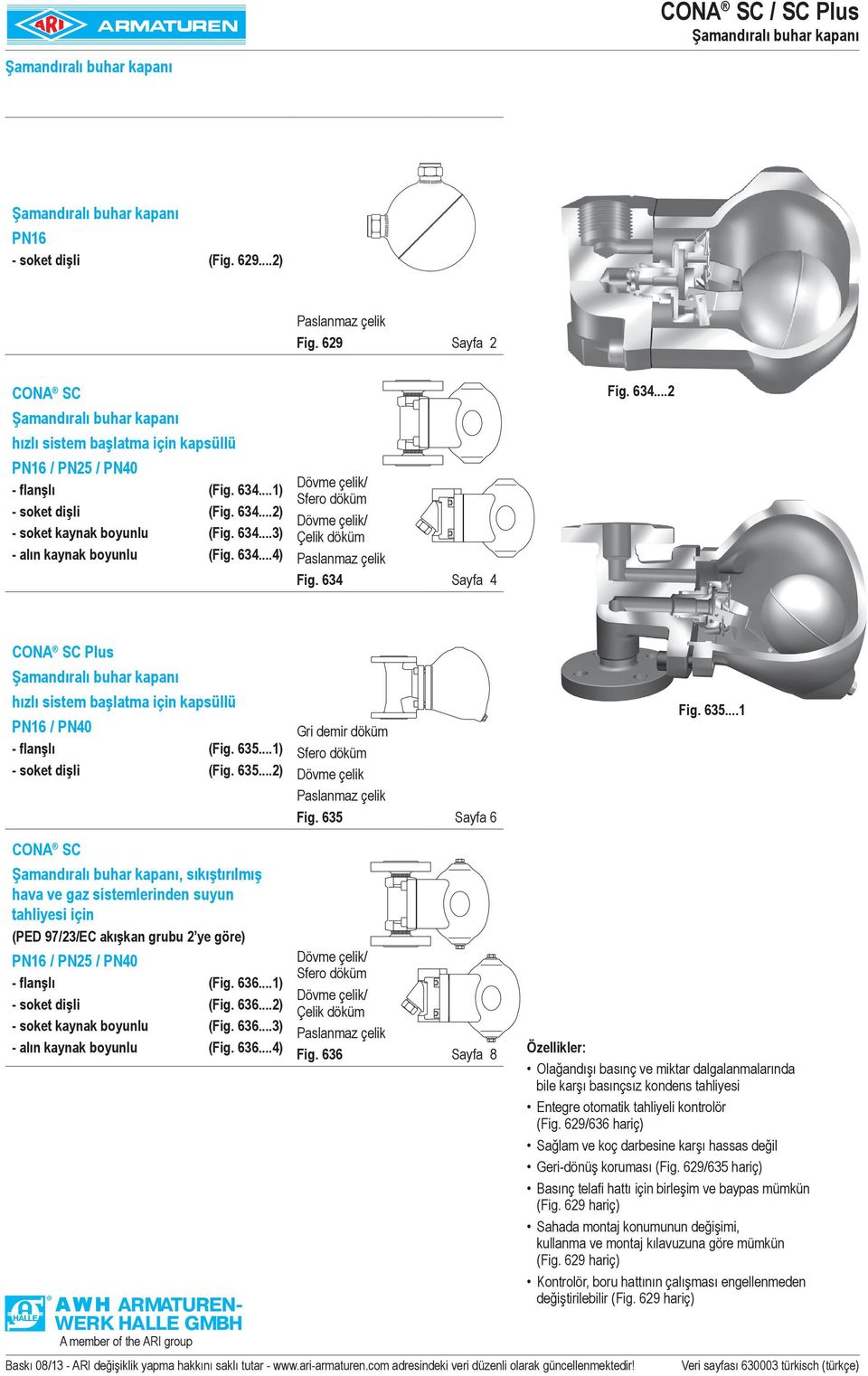 634...4) Dövme çelik/ Sfero döküm Dövme çelik/ Çelik döküm Paslanmaz çelik Fig. 634 Sayfa 4 Fig. 634...2 CONA SC Plus Şamandıralı buhar kapanı hızlı sistem başlatma için kapsüllü PN16 / PN40 - flanşlı (Fig.