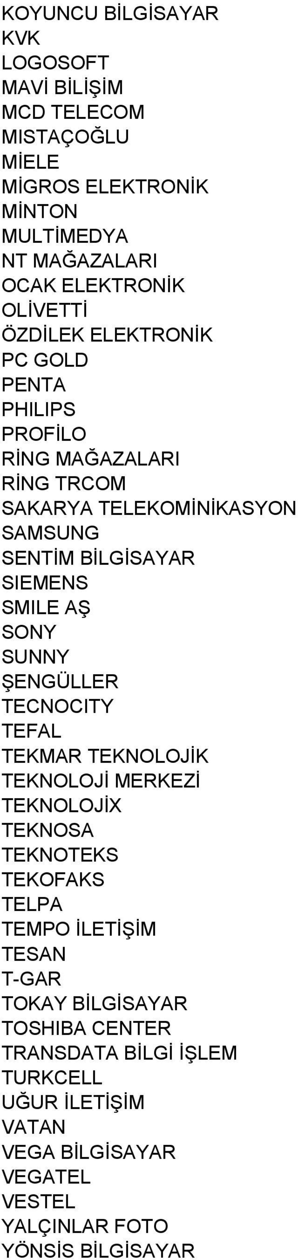 SMILE AŞ SONY SUNNY ŞENGÜLLER TECNOCITY TEFAL TEKMAR TEKNOLOJİK TEKNOLOJİ MERKEZİ TEKNOLOJİX TEKNOSA TEKNOTEKS TEKOFAKS TELPA TEMPO İLETİŞİM