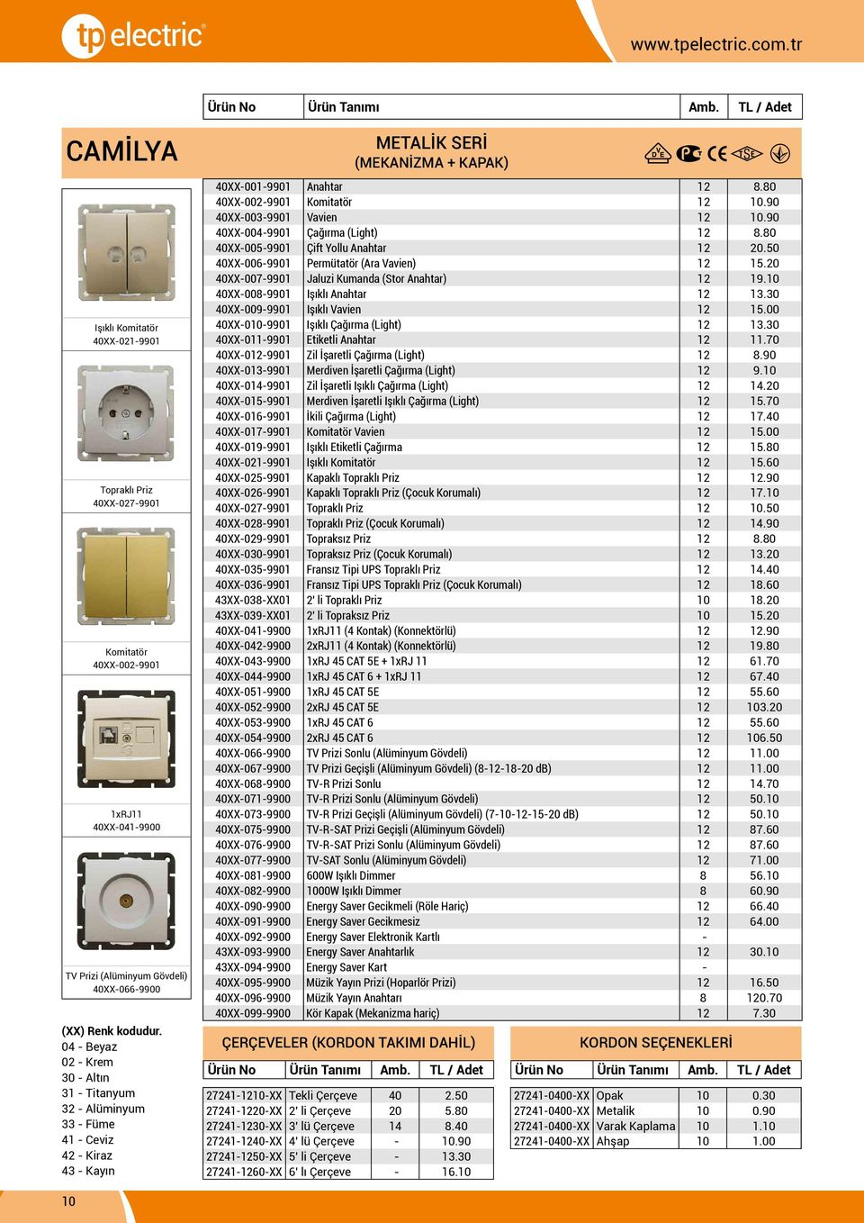 90 40XX-003-9901 Vavien 12 10.90 40XX-004-9901 Çağırma (Light) 12 8.80 40XX-005-9901 Çift Yollu Anahtar 12 20.50 40XX-006-9901 Permütatör (Ara Vavien) 12 15.