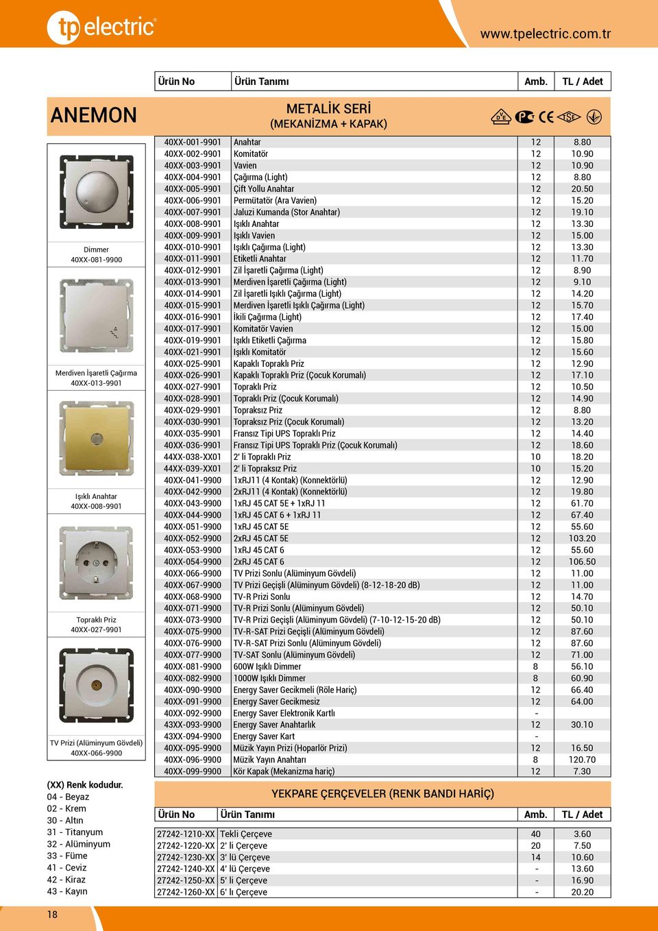 90 40XX-003-9901 Vavien 12 10.90 40XX-004-9901 Çağırma (Light) 12 8.80 40XX-005-9901 Çift Yollu Anahtar 12 20.50 40XX-006-9901 Permütatör (Ara Vavien) 12 15.