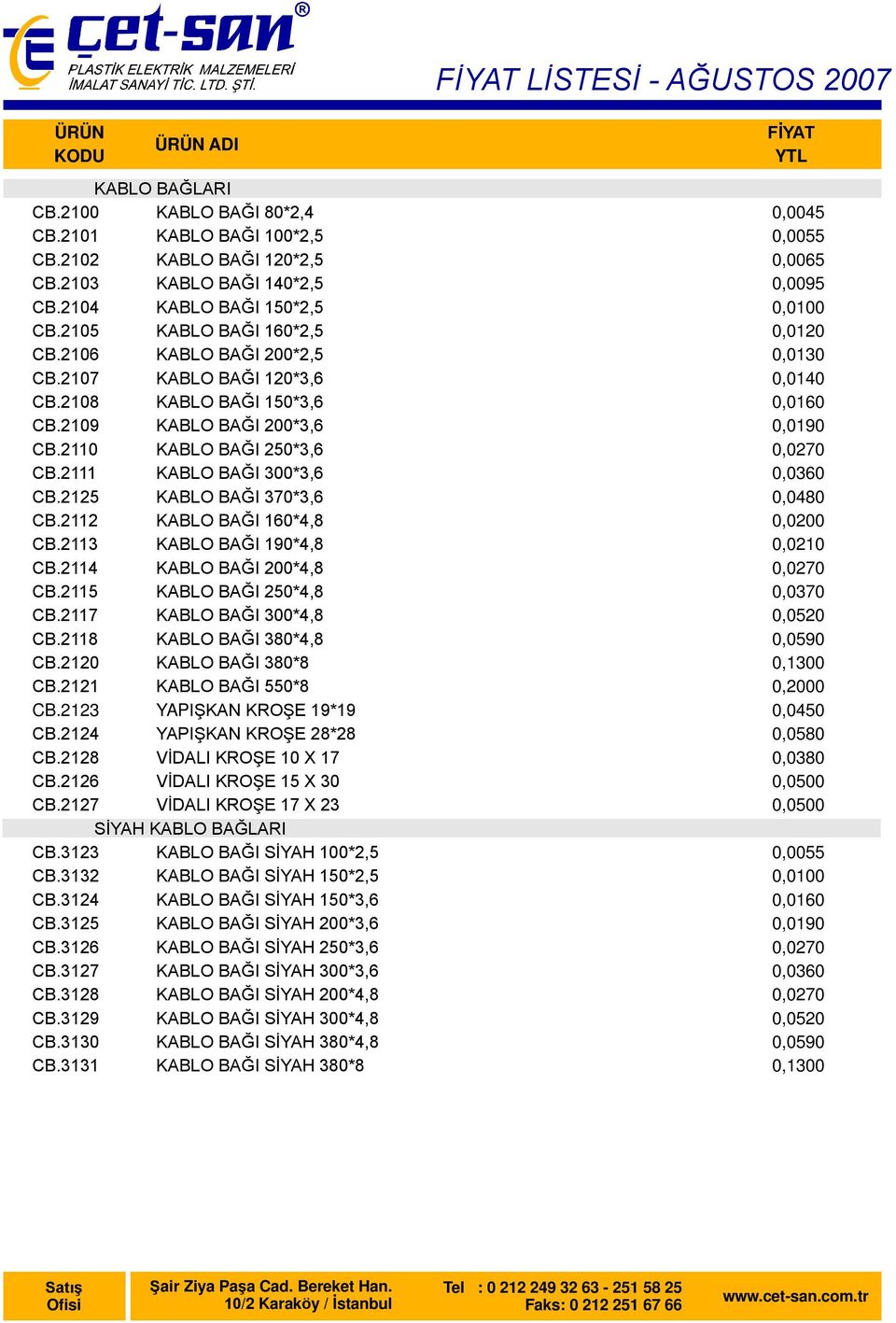 2112 KABLO BAĞI 160*4,8 CB.2113 KABLO BAĞI 190*4,8 CB.2114 KABLO BAĞI 200*4,8 CB.2115 KABLO BAĞI 250*4,8 CB.2117 KABLO BAĞI 300*4,8 CB.2118 KABLO BAĞI 380*4,8 CB.2120 KABLO BAĞI 380*8 CB.