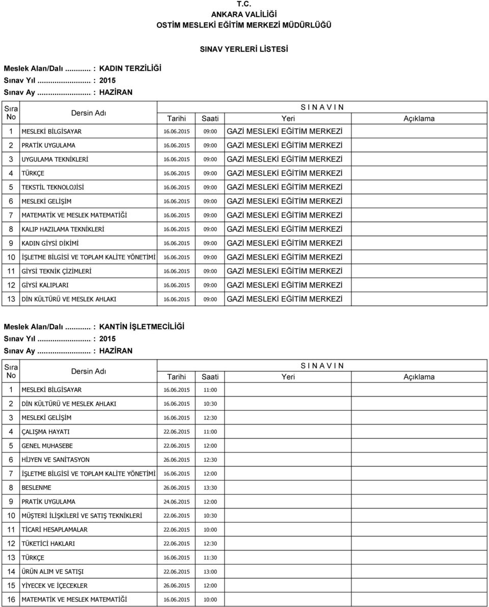 06.2015 09:00 GAZİ MESLEKİ EĞİTİM MERKEZİ 8 KALIP HAZILAMA TEKNİKLERİ 16.06.2015 09:00 GAZİ MESLEKİ EĞİTİM MERKEZİ 9 KADIN GİYSİ DİKİMİ 16.06.2015 09:00 GAZİ MESLEKİ EĞİTİM MERKEZİ 10 İŞLETME BİLGİSİ VE TOPLAM KALİTE YÖNETİMİ 16.