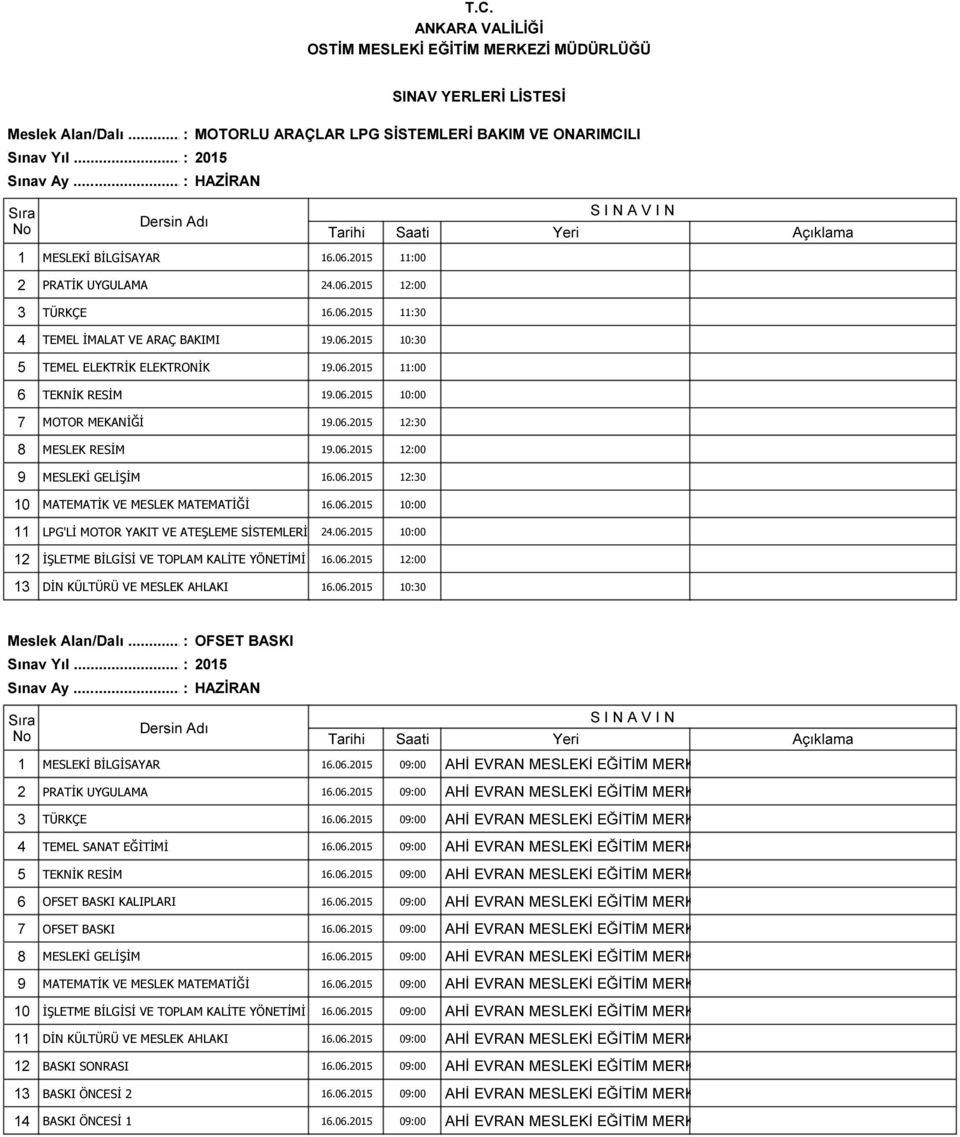 06.2015 10:00 12 İŞLETME BİLGİSİ VE TOPLAM KALİTE YÖNETİMİ 16.06.2015 12:00 13 DİN KÜLTÜRÜ VE MESLEK AHLAKI 16.06.2015 10:30 Meslek Alan/Dalı... : OFSET BASKI 1 MESLEKİ BİLGİSAYAR 16.06.2015 09:00 AHİ EVRAN MESLEKİ EĞİTİM MERKEZİ 2 PRATİK UYGULAMA 16.