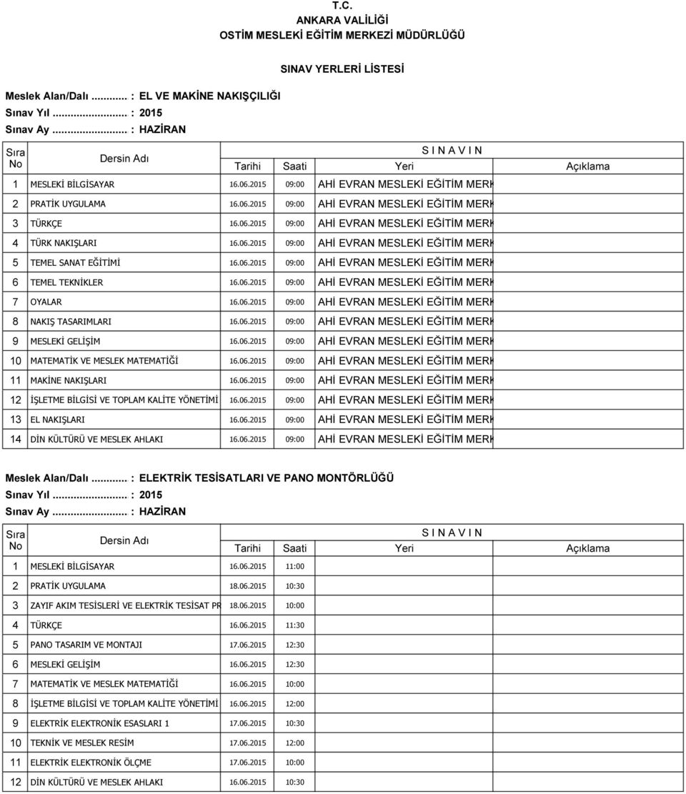 06.2015 09:00 AHİ EVRAN MESLEKİ EĞİTİM MERKEZİ 7 OYALAR 16.06.2015 09:00 AHİ EVRAN MESLEKİ EĞİTİM MERKEZİ 8 NAKIŞ TASARIMLARI 16.06.2015 09:00 AHİ EVRAN MESLEKİ EĞİTİM MERKEZİ 9 MESLEKİ GELİŞİM 16.06.2015 09:00 AHİ EVRAN MESLEKİ EĞİTİM MERKEZİ 10 MATEMATİK VE MESLEK MATEMATİĞİ 16.
