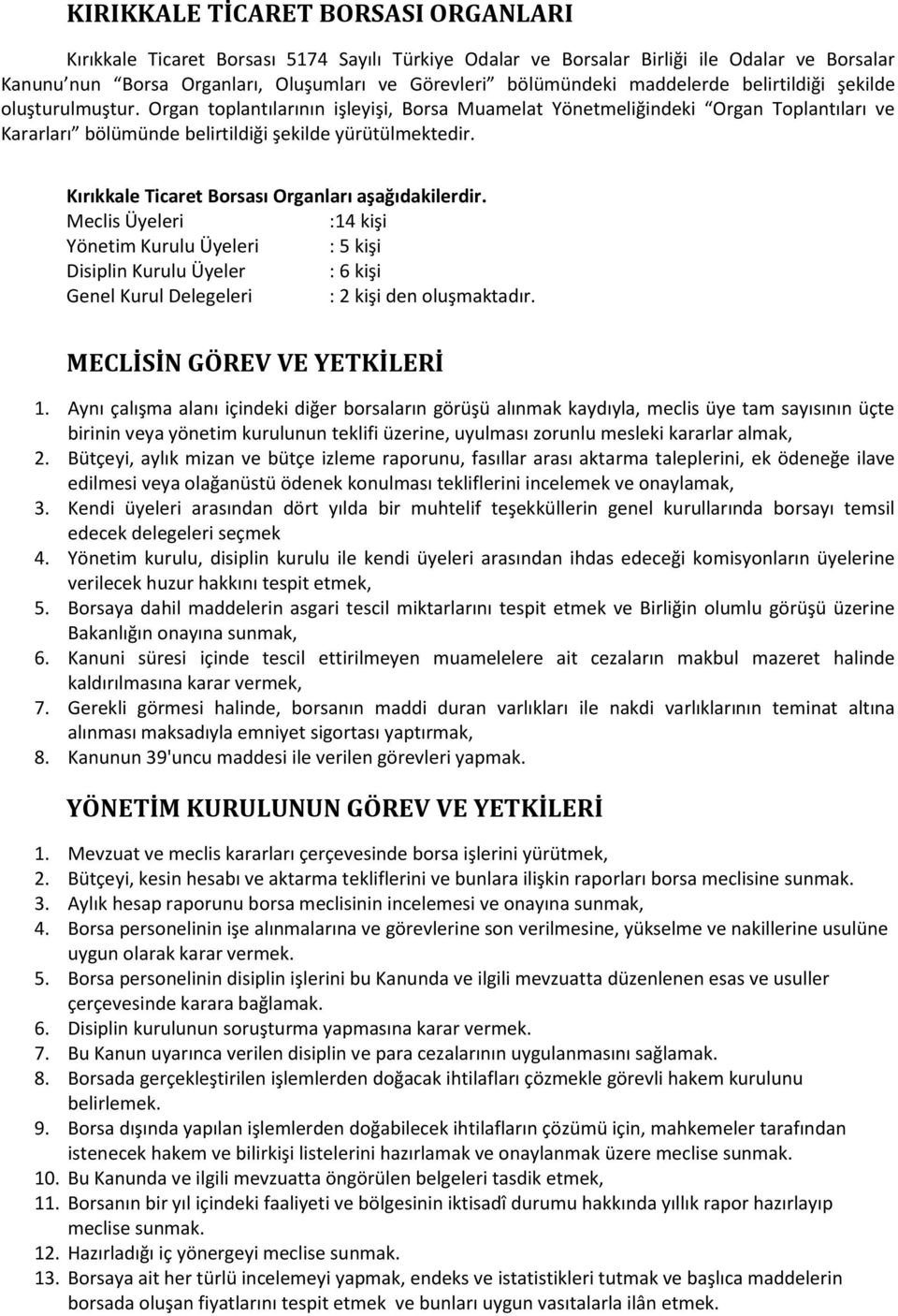 Kırıkkale Ticaret Borsası Organları aşağıdakilerdir. Meclis Üyeleri :14 kişi Yönetim Kurulu Üyeleri : 5 kişi Disiplin Kurulu Üyeler : 6 kişi Genel Kurul Delegeleri : 2 kişi den oluşmaktadır.