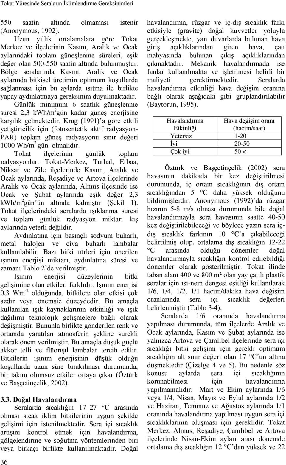 Bölge seralarında Kasım, Aralık ve Ocak aylarında bitkisel üretimin optimum koşullarda sağlanması için bu aylarda ısıtma ile birlikte yapay aydınlatmaya gereksinim duyulmaktadır.