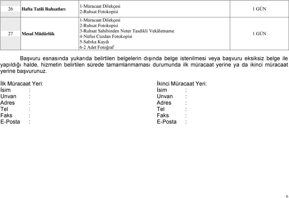 istenilmesi veya başvuru eksiksiz belge ile yapıldığı halde, hizmetin belirtilen sürede tamamlanmaması durumunda ilk müracaat yerine ya da ikinci