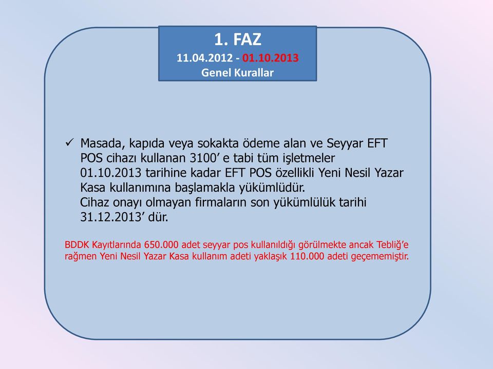 işletmeler 01.10.2013 tarihine kadar EFT POS özellikli Yeni Nesil Yazar Kasa kullanımına başlamakla yükümlüdür.