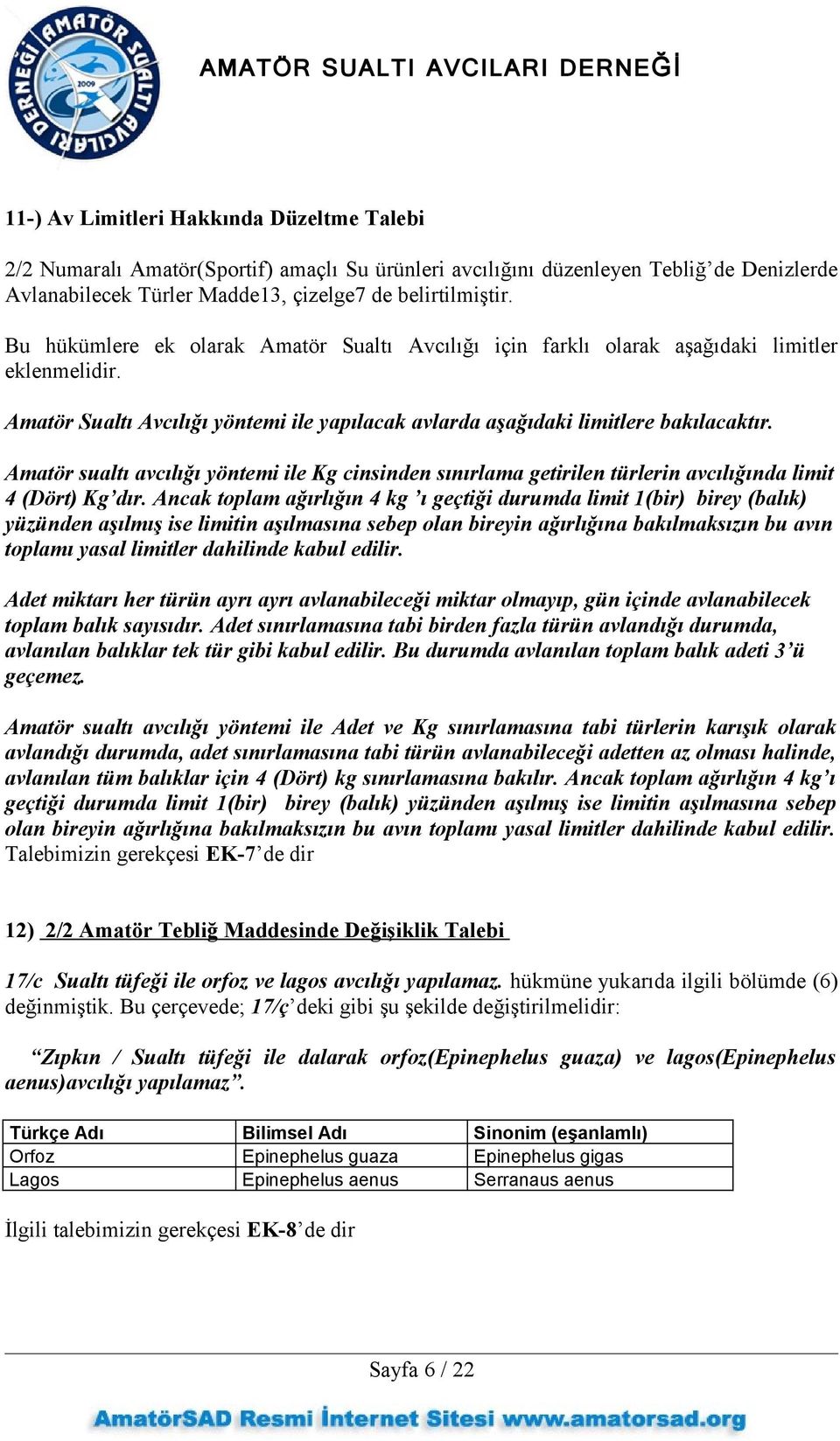 Amatör sualtı avcılığı yöntemi ile Kg cinsinden sınırlama getirilen türlerin avcılığında limit 4 (Dört) Kg dır.