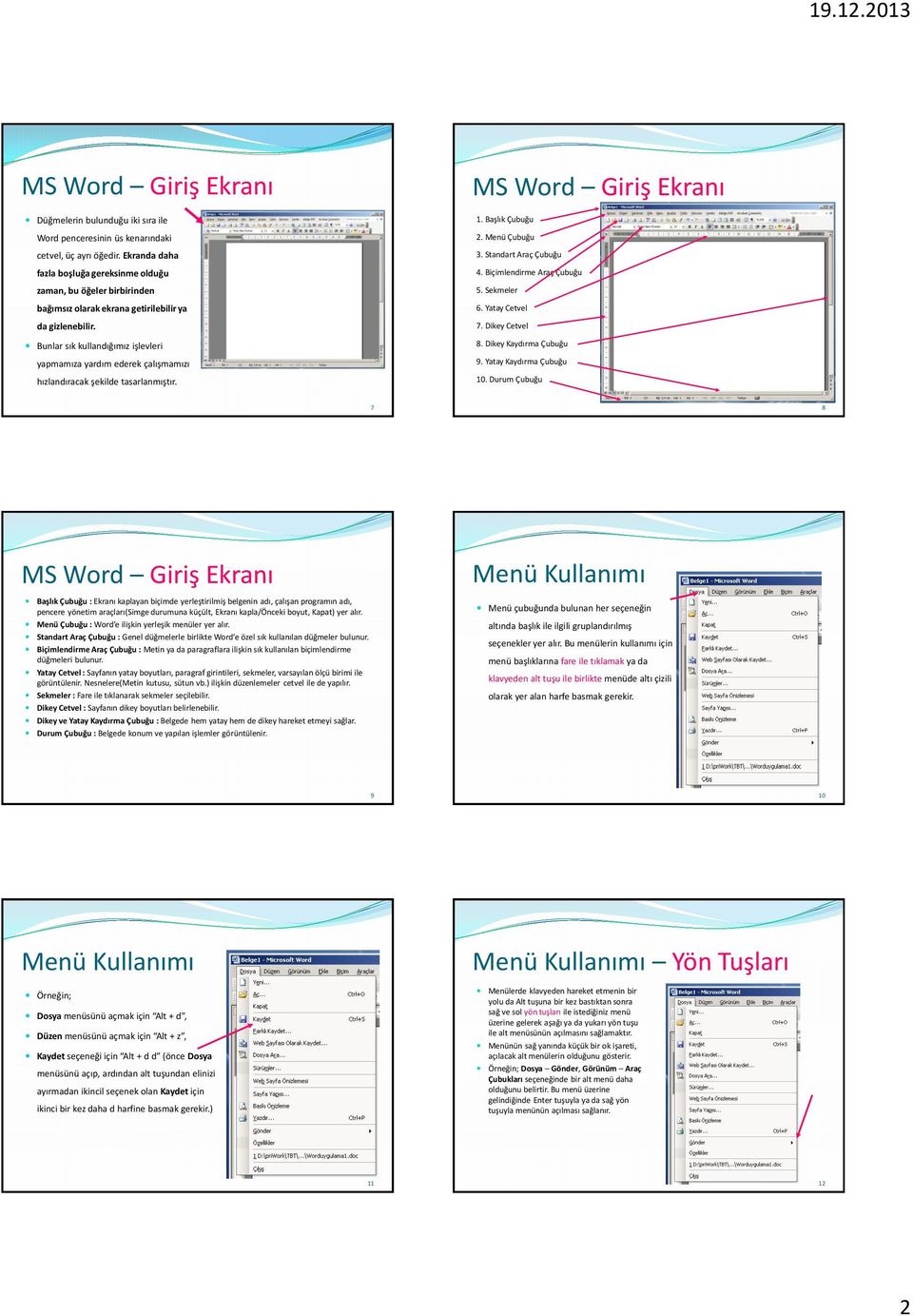 Bunlar sık kullandığımız işlevleri yapmamıza yardım ederek çalışmamızı hızlandıracak şekilde tasarlanmıştır. MS Word Giriş Ekranı 1. Başlık Çubuğu 2. Menü Çubuğu 3. Standart Araç Çubuğu 4.