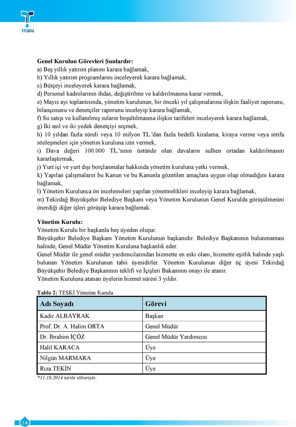 raporunu inceleyip karara bağlamak, f) Su satıģı ve kullanılmıģ suların boģaltılmasına iliģkin tarifeleri inceleyerek karara bağlamak, g) Ġki asıl ve iki yedek denetçiyi seçmek, h) 10 yıldan fazla