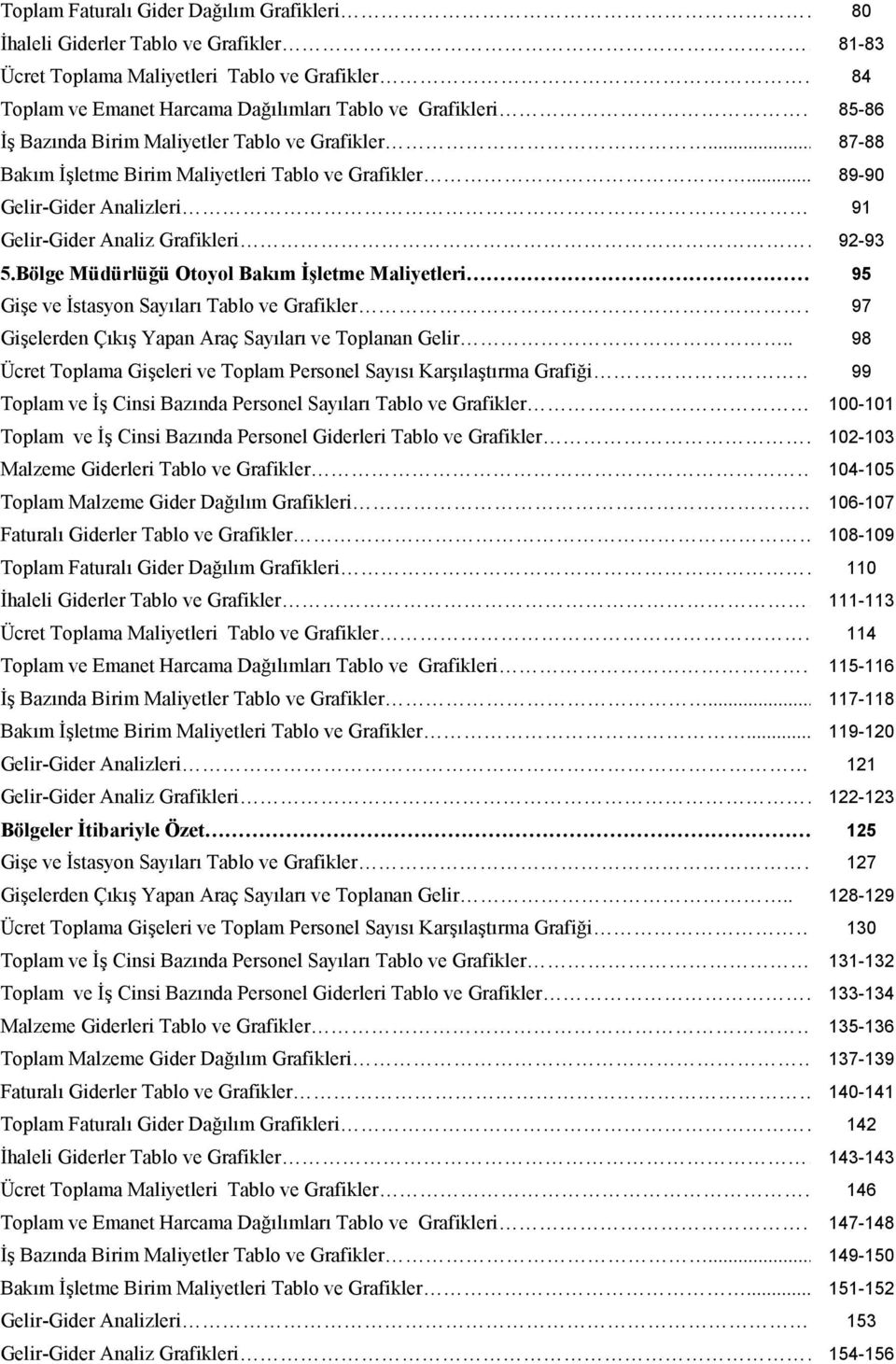 Bölge Müdürlüğü Otoyol Bakım İşletme Maliyetleri. 95 Gişe ve İstasyon Sayıları Tablo ve Grafikler. 97 Gişelerden Çıkış Yapan Araç Sayıları ve Toplanan Gelir.