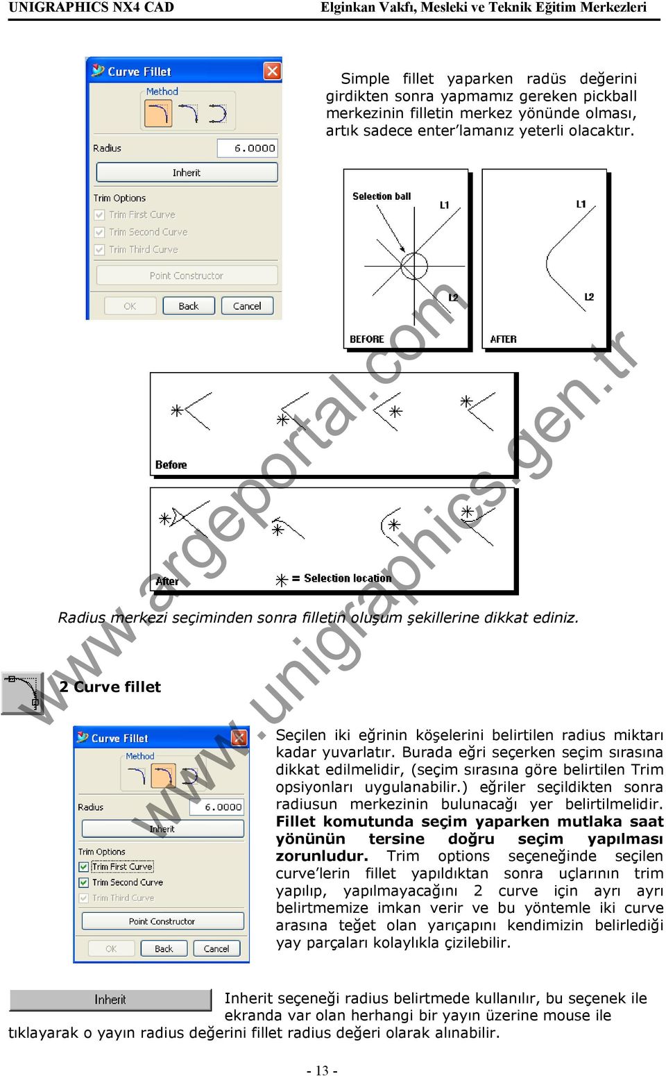 Burada eğri seçerken seçim sırasına dikkat edilmelidir, (seçim sırasına göre belirtilen Trim opsiyonları uygulanabilir.) eğriler seçildikten sonra radiusun merkezinin bulunacağı yer belirtilmelidir.