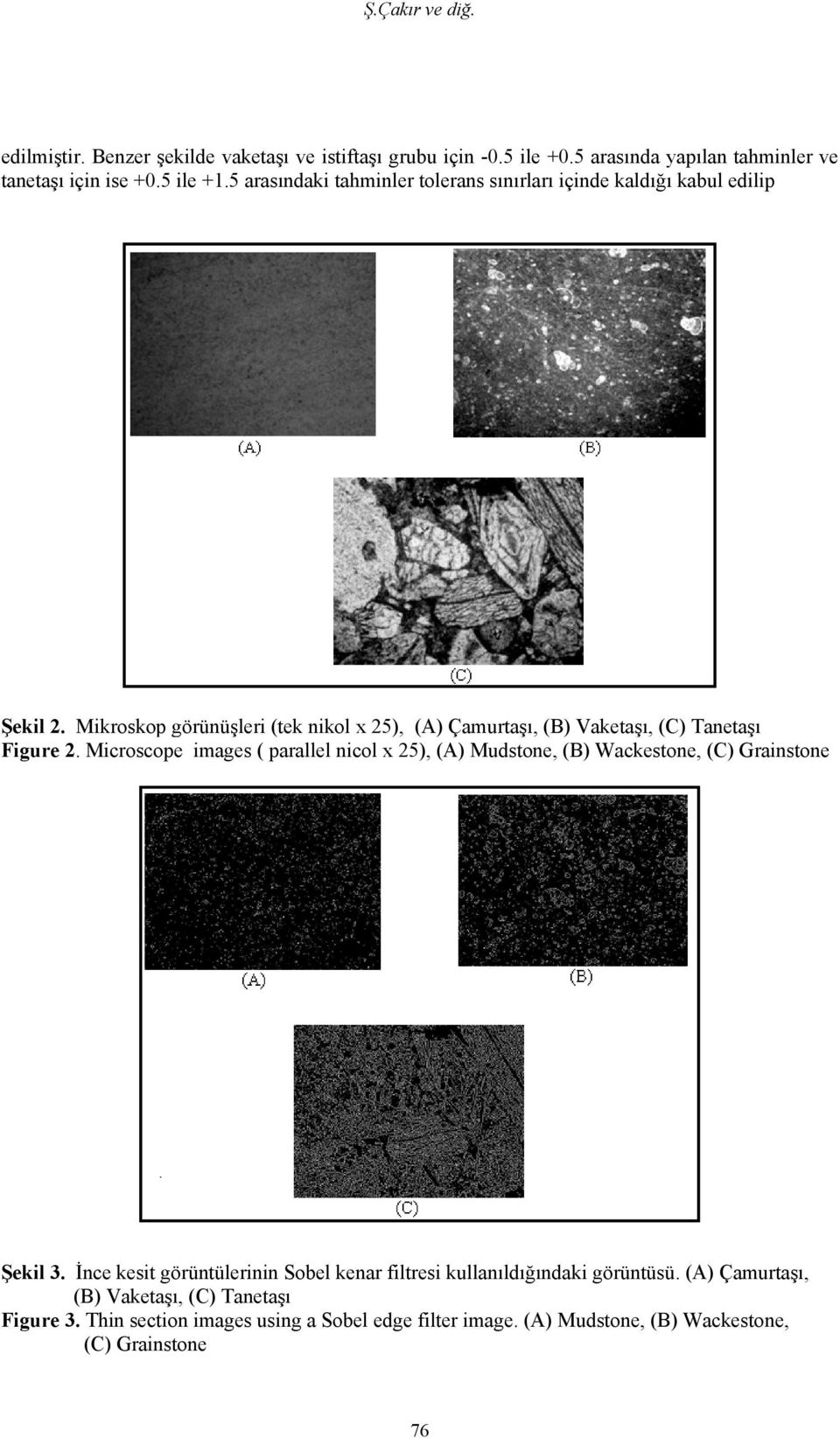 Mikroskop görünüşleri (tek nikol x 25), (A) Çamurtaşı, (B) Vaketaşı, (C) Tanetaşı Figure 2.