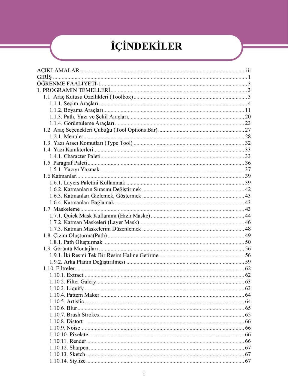 ..33 1.5. Paragraf Paleti...36 1.5.1. Yazıyı Yazmak...37 1.6 Katmanlar...39 1.6.1. Layers Paletini Kullanmak...39 1.6.2. Katmanların Sırasını Değiştirmek...42 1.6.3. Katmanları Gizlemek, Göstermek.