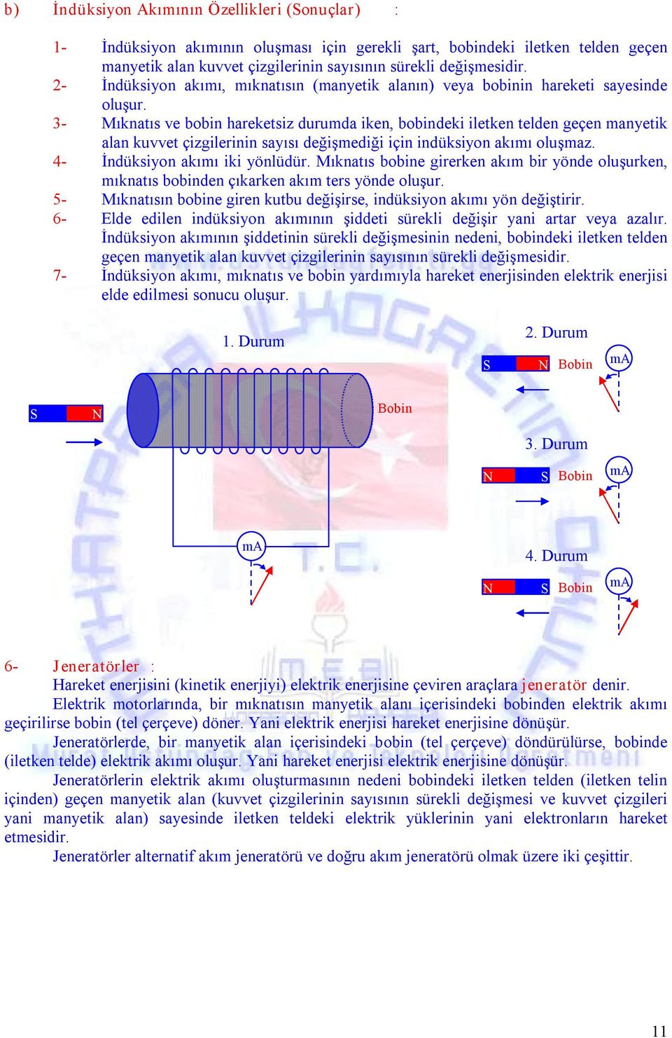 3 Mıknatıs ve bobin hareketsiz durumda iken, bobindeki iletken telden geçen manyetik alan kuvvet çizgilerinin sayısı değişmediği için indüksiyon akımı oluşmaz. 4 İndüksiyon akımı iki yönlüdür.