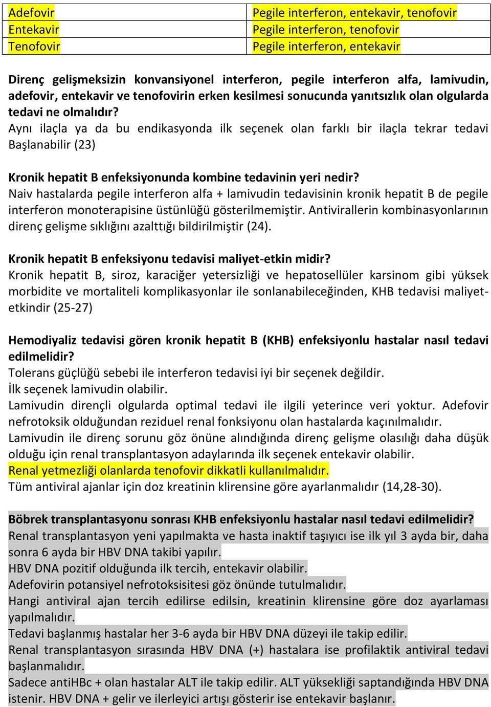 Aynı ilaçla ya da bu endikasyonda ilk seçenek olan farklı bir ilaçla tekrar tedavi Başlanabilir (23) Kronik hepatit B enfeksiyonunda kombine tedavinin yeri nedir?