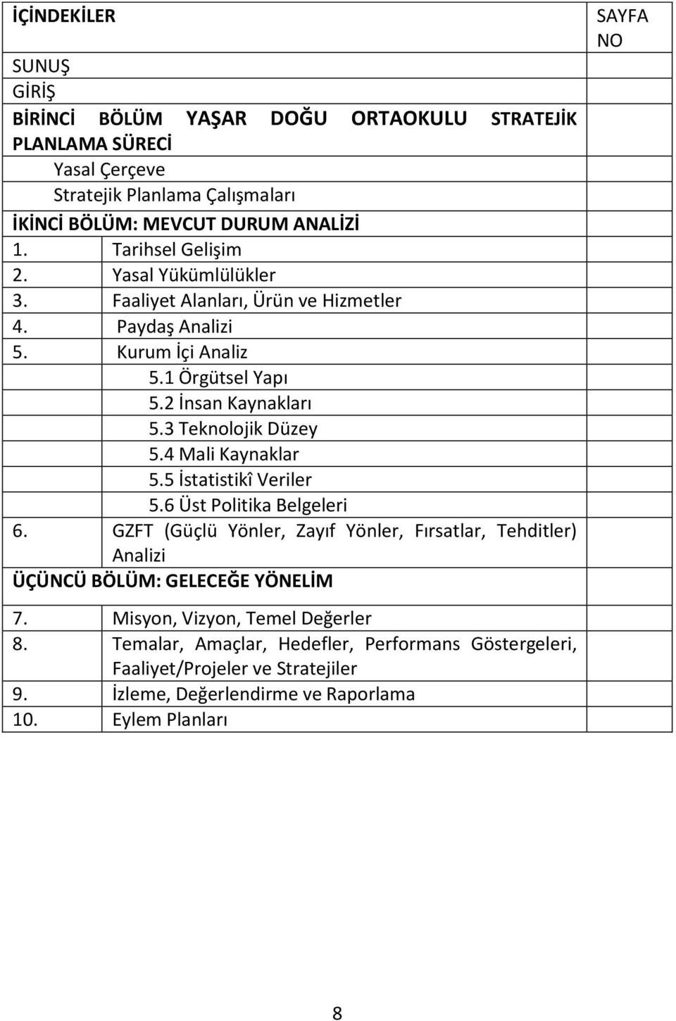 3 Teknolojik Düzey 5.4 Mali Kaynaklar 5.5 İstatistikî Veriler 5.6 Üst Politika Belgeleri 6.