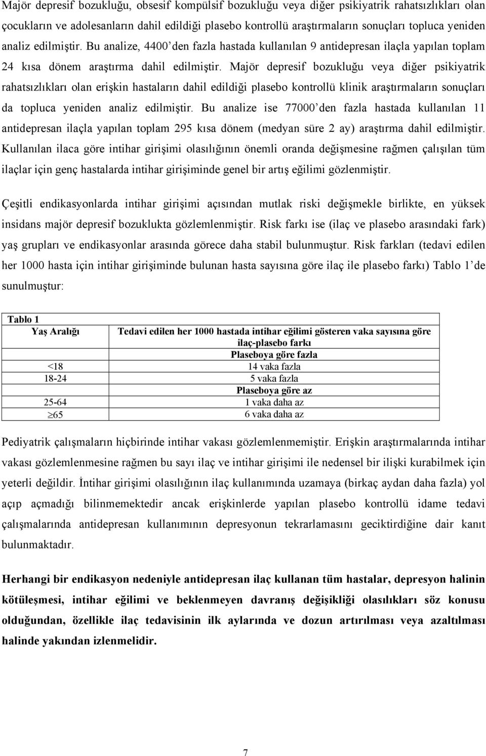 Majör depresif bozukluğu veya diğer psikiyatrik rahatsızlıkları olan erişkin hastaların dahil edildiği plasebo kontrollü klinik araştırmaların sonuçları da topluca yeniden analiz edilmiştir.