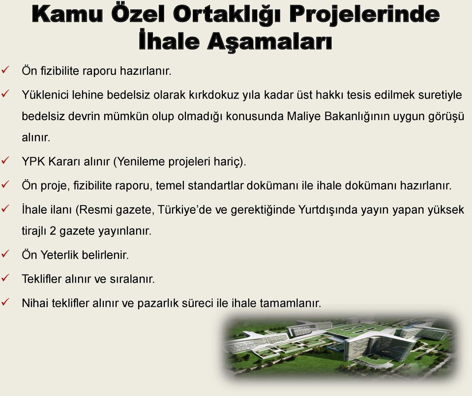 uygun görüşü alınır. YPK Kararı alınır (Yenileme projeleri hariç). Ön proje, fizibilite raporu, temel standartlar dokümanı ile ihale dokümanı hazırlanır.