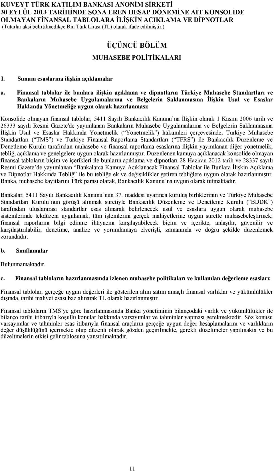 Yönetmeliğe uygun olarak hazırlanması: Konsolide olmayan finansal tablolar, 5411 Sayılı Bankacılık Kanunu na İlişkin olarak 1 Kasım 2006 tarih ve 26333 sayılı Resmi Gazete'de yayımlanan Bankaların