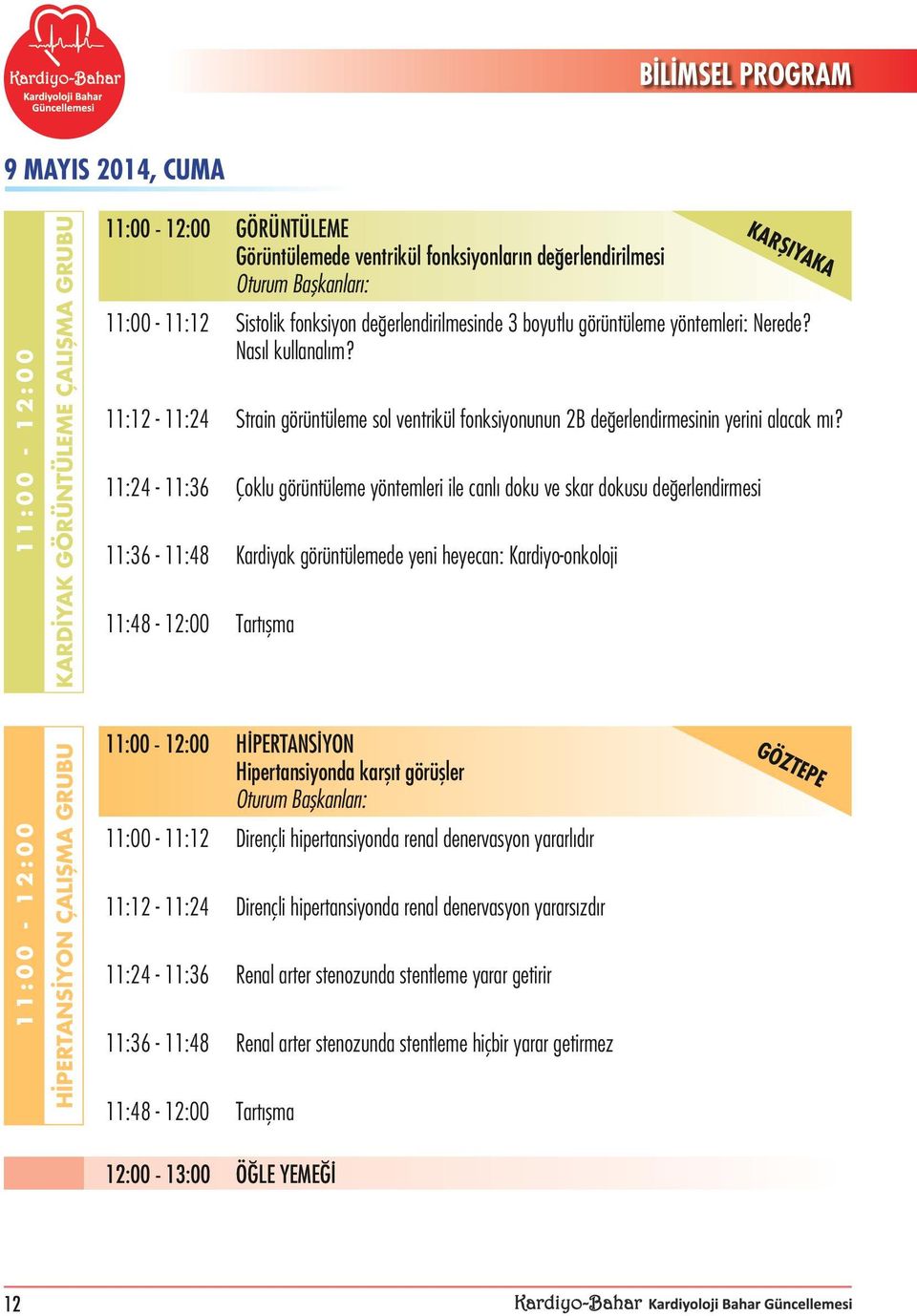 11:24-11:36 Çoklu görüntüleme yöntemleri ile canlı doku ve skar dokusu değerlendirmesi 11:36-11:48 Kardiyak görüntülemede yeni heyecan: Kardiyo-onkoloji 11:48-12:00 Tartışma KARŞIYAKA 11:00-12:00