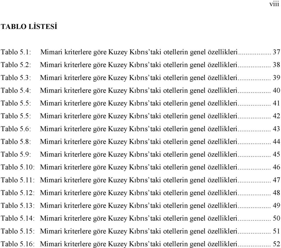 .. 38 Mimari kriterlere göre Kuzey Kıbrıs taki otellerin genel özellikleri... 39 Mimari kriterlere göre Kuzey Kıbrıs taki otellerin genel özellikleri.