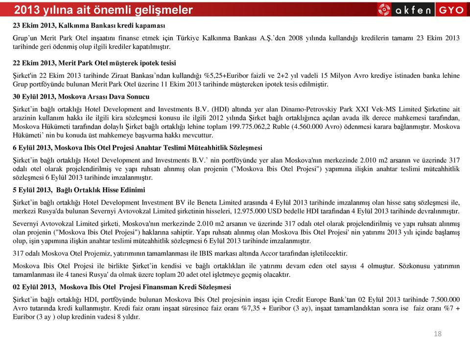22 Ekim 2013, Merit Park Otel müşterek ipotek tesisi Şirket'in 22 Ekim 2013 tarihinde Ziraat Bankası ndan kullandığı %5,25+Euribor faizli ve 2+2 yıl vadeli 15 Milyon Avro krediye istinaden banka