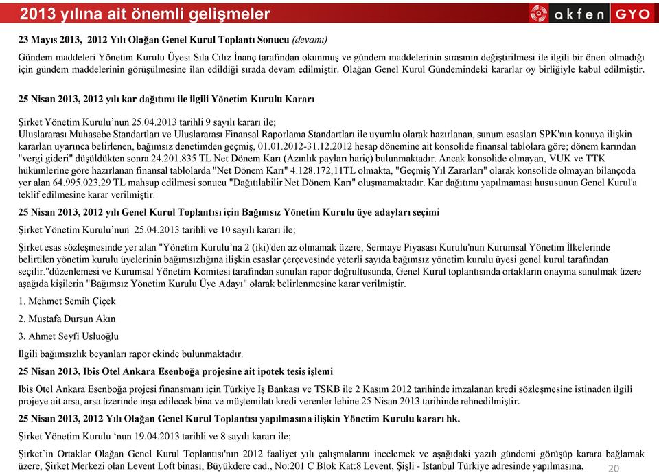 Olağan Genel Kurul Gündemindeki kararlar oy birliğiyle kabul edilmiştir. 25 Nisan 2013, 2012 yılı kar dağıtımı ile ilgili Yönetim Kurulu Kararı Şirket Yönetim Kurulu nun 25.04.