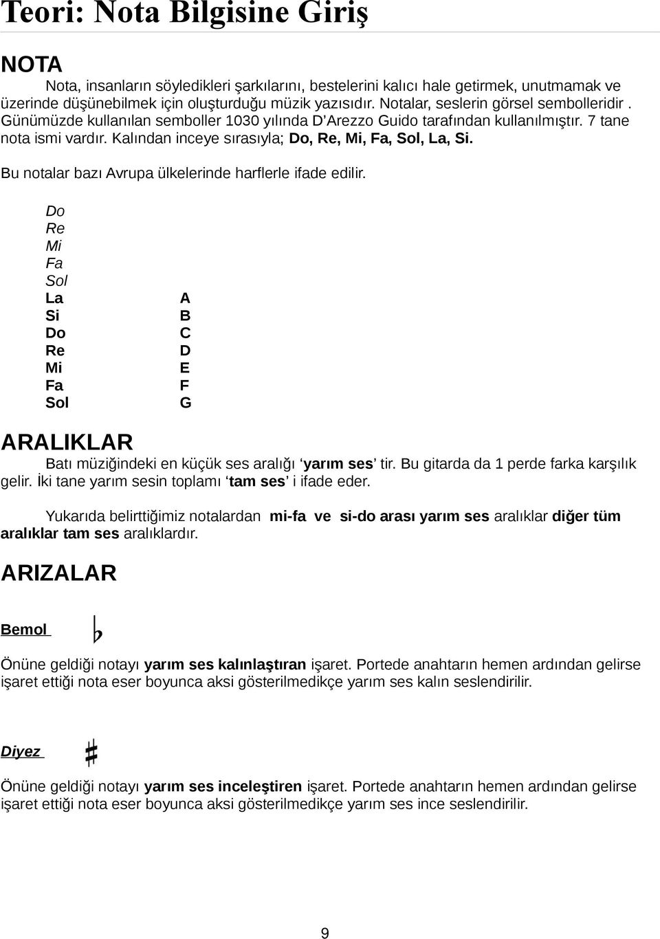 Bu notalar bazı vrupa ülkelerinde harflerle ifade edilir. o Re Mi Fa Sol La Si o Re Mi Fa Sol B F RLIKLR Batı müziğindeki en küçük ses aralığı yarım ses tir.