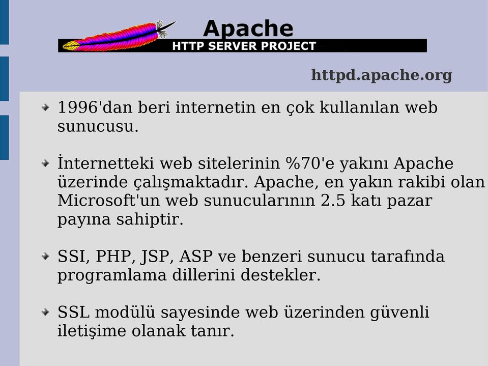 Apache, en yakın rakibi olan Microsoft'un web sunucularının 2.5 katı pazar payına sahiptir.