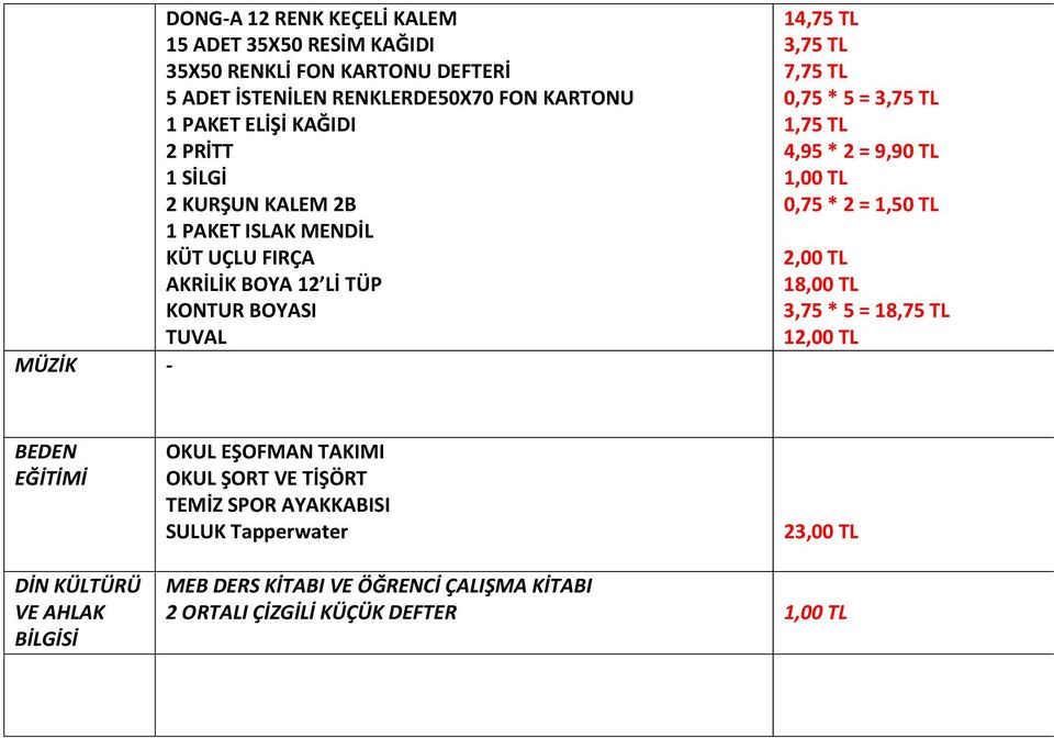 TUVAL MÜZİK - 14,75 TL 0,75 * 2 = 18,00 TL 3,75 * 5 = 18,75 TL 1 BEDEN EĞİTİMİ OKUL EŞOFMAN TAKIMI OKUL ŞORT VE TİŞÖRT TEMİZ SPOR