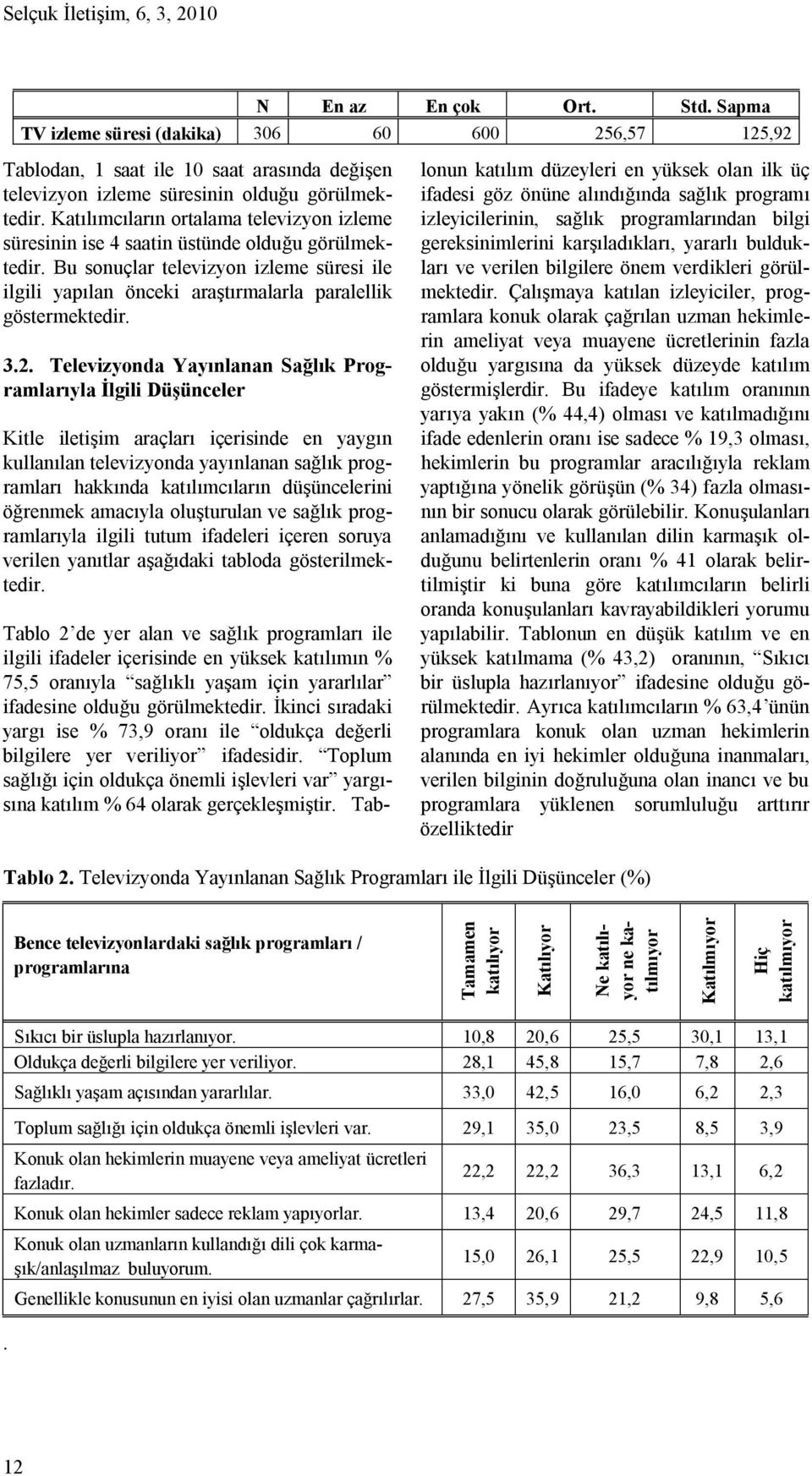 Katılımcıların ortalama televizyon izleme süresinin ise 4 saatin üstünde olduğu görülmektedir. Bu sonuçlar televizyon izleme süresi ile ilgili yapılan önceki araştırmalarla paralellik göstermektedir.