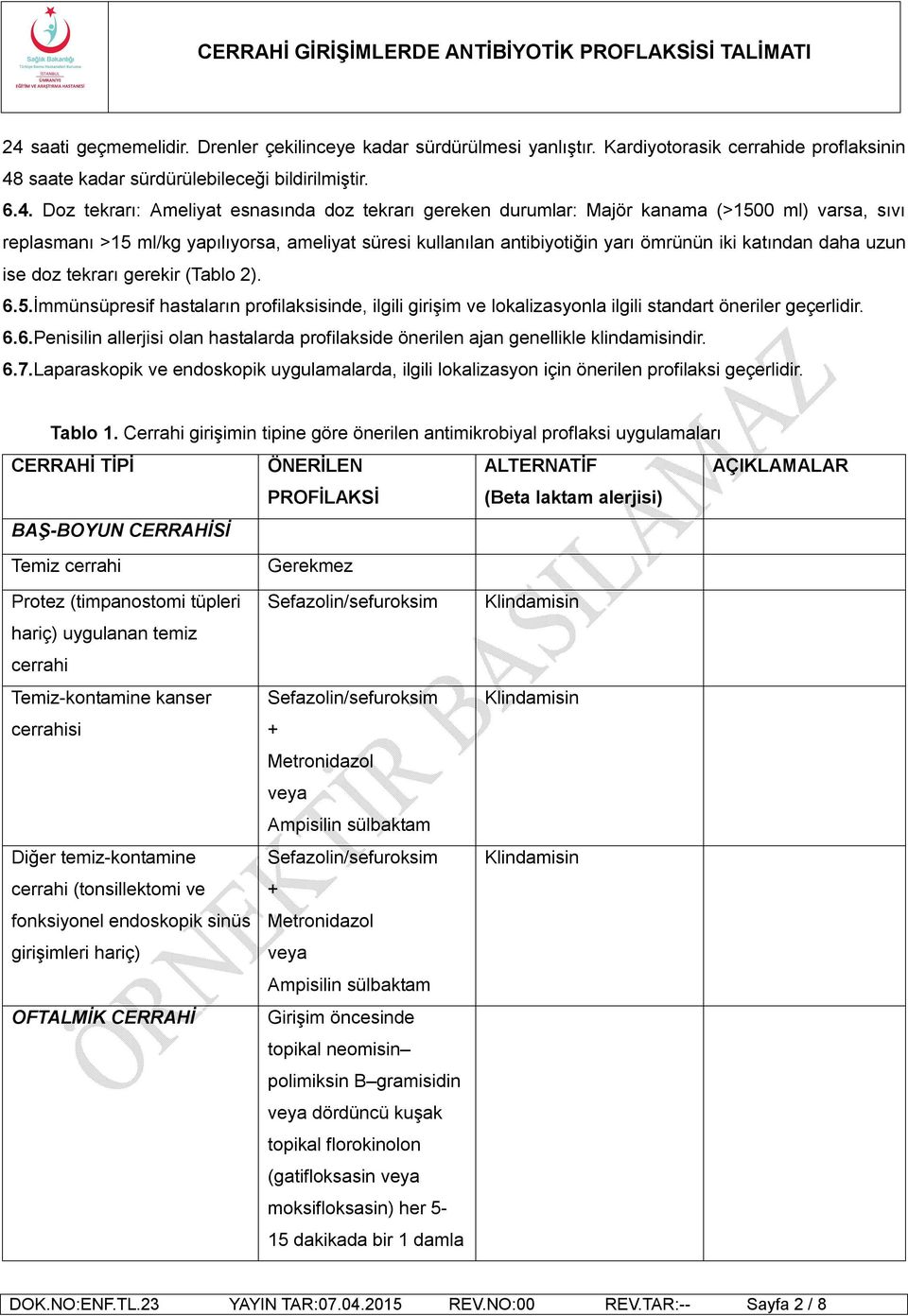 gerekir (Tablo 2). 6.5.İmmünsüpresif hastaların profilaksisinde, ilgili girişim ve lokalizasyonla ilgili standart öneriler geçerlidir. 6.6.Penisilin allerjisi olan hastalarda profilakside önerilen ajan genellikle klindamisindir.