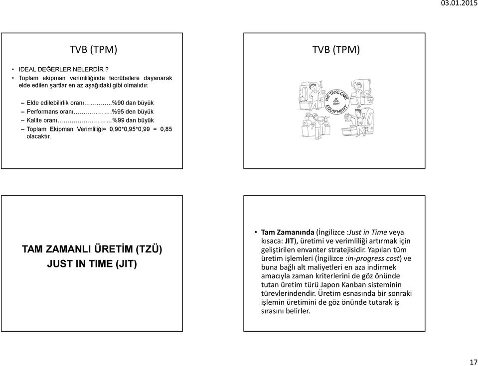 TAM ZAMANLI ÜRETİM (TZÜ) JUST IN TIME (JIT) Tam Zamanında (İngilizce :Just in Time veya kısaca: JIT), üretimi ve verimliliği artırmak için geliştirilen envanter stratejisidir.