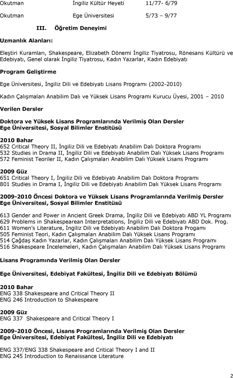 Program Geliştirme Ege Üniversitesi, İngiliz Dili ve Edebiyatı Lisans Programı (2002-2010) Kadın Çalışmaları Anabilim Dalı ve Yüksek Lisans Programı Kurucu Üyesi, 2001 2010 Verilen Dersler Doktora ve